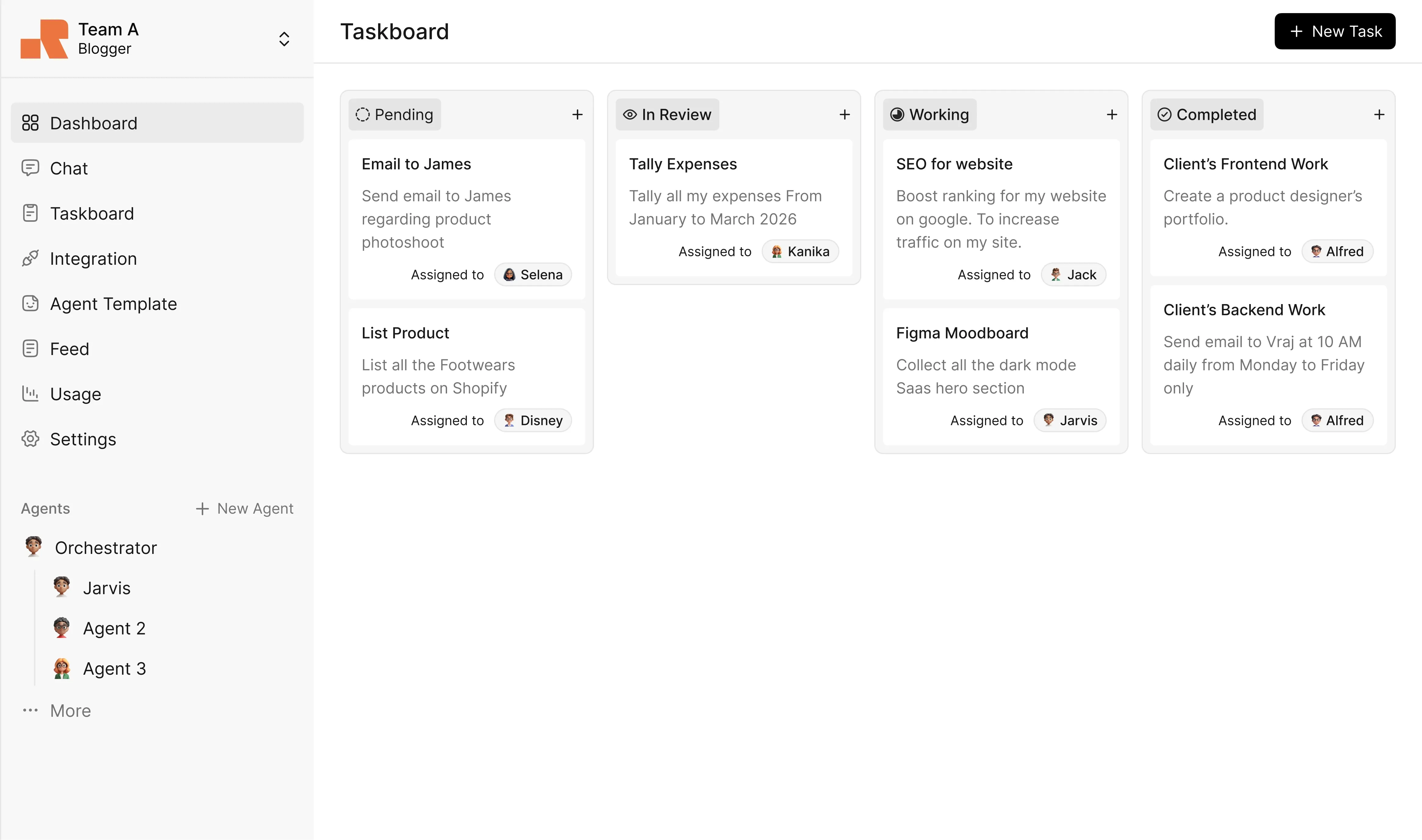 RunAgents dashboard showing taskboard with agents