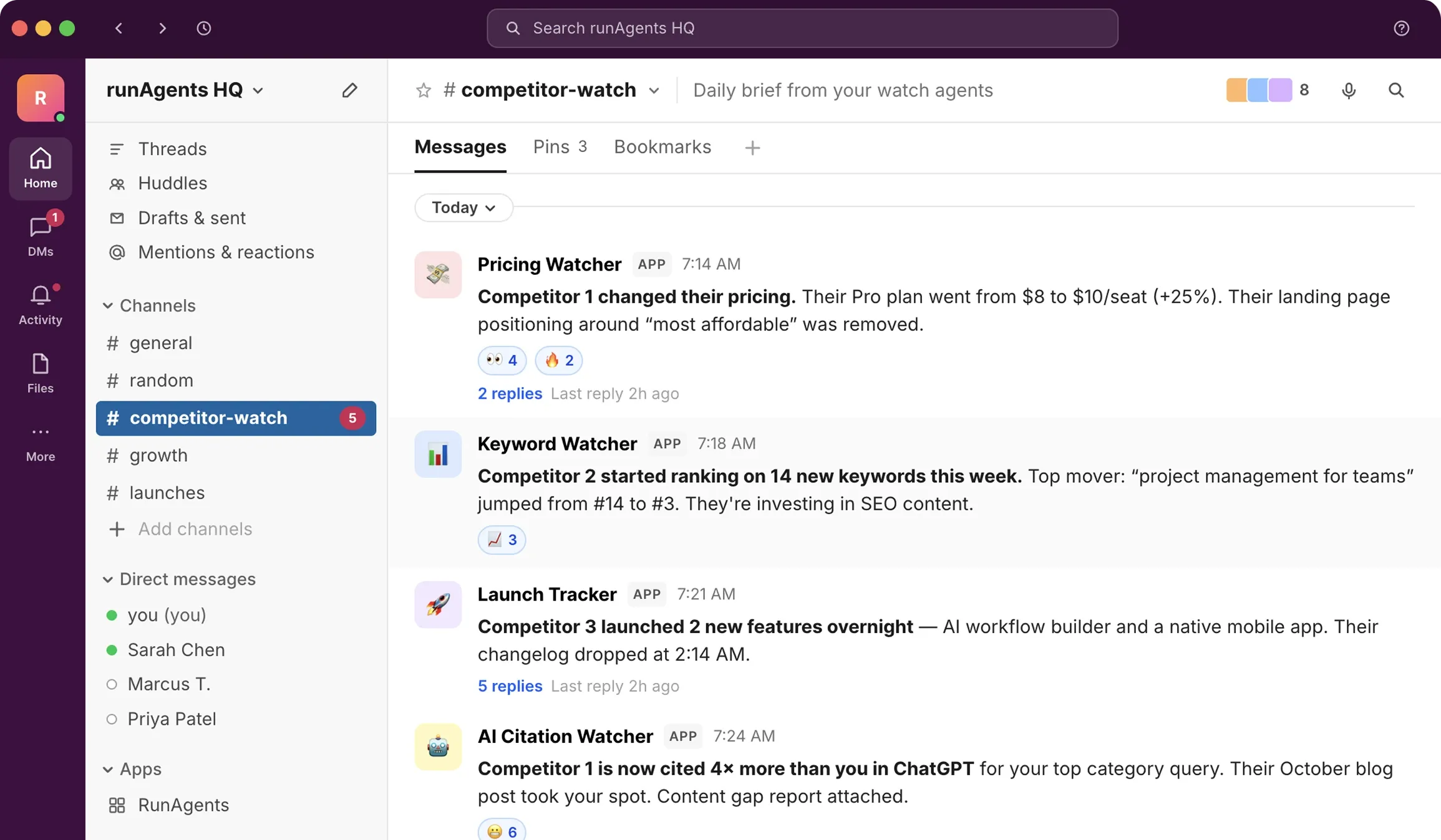 RunAgents dashboard showing taskboard with agents
